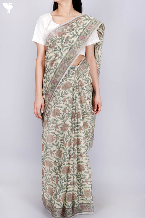 Kota Doria Saree In Floral Block Print